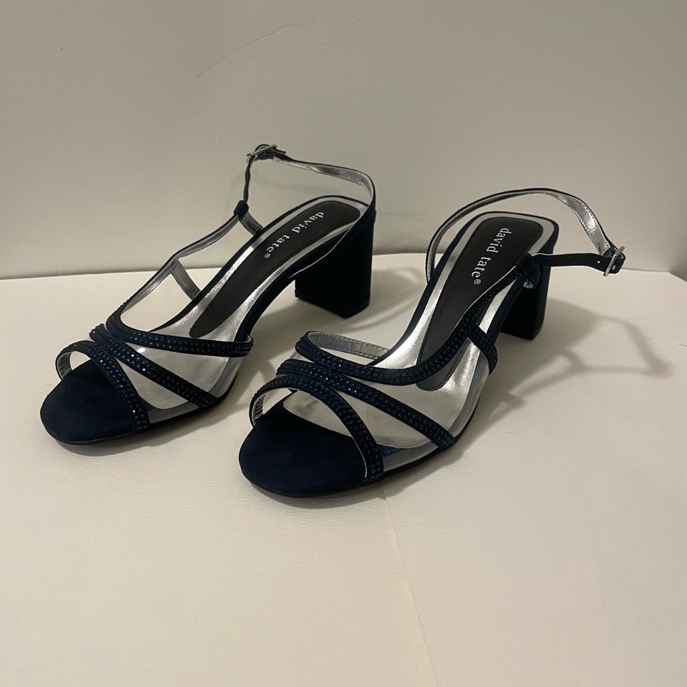 David Tate Cinderella rhinestone trim PVC formal heeled dress sandal dark blue